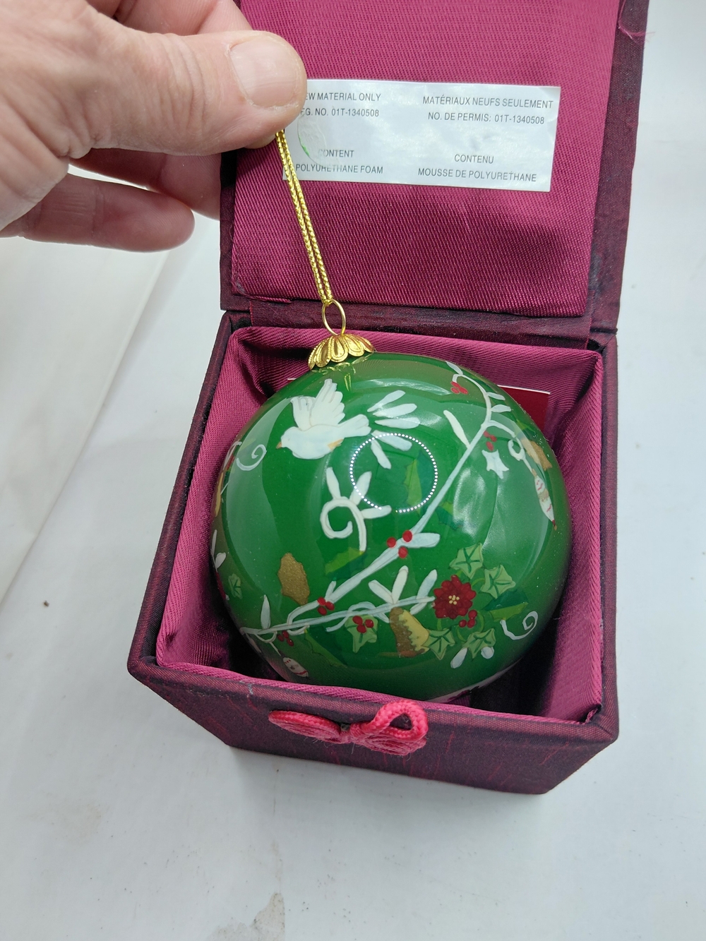 Li Bien Reverse Painted  Floral & Dove DesignGlass Christmas Ornament